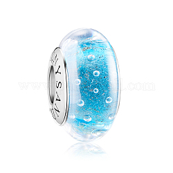 Tinysand rhodié 925 perle d'amour en cristal bleu ciel avec bulles, bleu profond du ciel, platine, 15.2x9.5mm, Trou: 4.50mm