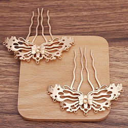 Iron Hair Comb Cabochon Settings, with Loops, Filigree Alloy Butterfly, Light Gold, 32x83mm, Tray: 6mm