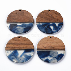 Pendentifs en résine transparente et bois de noyer, deux tons, plat rond, bleu marine, 38.5x3mm, Trou: 2mm