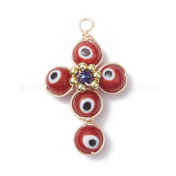 Brass Wire Wrapped Handmade Evil Eye Lampwork Pendants, with Glass Beads, Cross Charm, Red, 40x24x8.5mm, Hole: 3mm