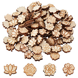 Olycraft 120 pièces 4 styles perles en bois gravées au laser, teinte, fleur rose, selle marron, 12x12x3mm, 30 pièces / style