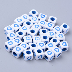Perle europee acriliche bianche opache, perline con foro grande, cubo con cuore, blu fiordaliso, 7x7x7mm, Foro: 4 mm, circa 1900~2000pcs/500g