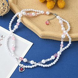 Collier pendentif coeur en alliage, ABS plastique imitation perle et quartz rose naturel chaînes de perles collier exquis pour les femmes, couleur de coquillage, 18.50 pouce (47 cm)