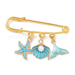 Marine Theme Pendant Alloy Enamel Brooches, Golden Iron Kilt Pins for Women, Starfish & Shell & Fishtail, Turquoise, 36.5x50x5.5mm