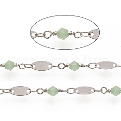 Soldered Handmade Faceted Glass Beaded Chains, with Brass Oval Links, Long-Lasting Plated, with Spool, Honeydew, Platinum, 13x4.5mm, about 32.8 Feet(10m)/roll