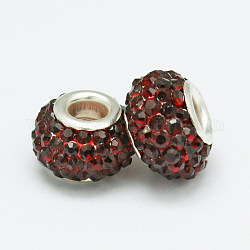 Grade A Rhinestone European Beads, Large Hole Beads, Resin, with Silver Color Plated Brass Core, Rondelle, Red, 15x10mm, Hole: 5mm
