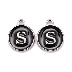 Platinum Plated Alloy Charms, Cadmium Free & Lead Free, with Enamel, Enamelled Sequins, Flat Round with Letter, Letter.S, 14x12x2mm, Hole: 1.5mm