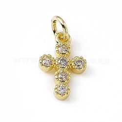 Brass Micro Pave Clear Cubic Zirconia Charms, with Open Jump Rings, Religion Cross, Real 18K Gold Plated, 12x7.5x2mm, Jump Ring: 4.5x0.7mm, Inner Diameter: 3mm 