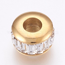 Placage ionique (ip) 304 perles européennes en acier inoxydable, Perles avec un grand trou   , avec strass, plat rond, or, 10.5x7mm, Trou: 4.5mm