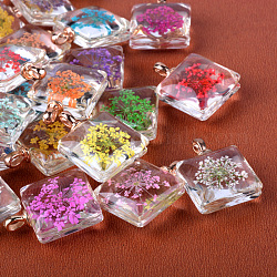 Square Alloy Glass Pendants, Cadmium Free & Lead Free, with Dried Flower Inside, Rose Gold, 37x30x17mm, Hole: 4.5x2.5mm