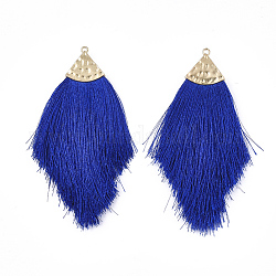 Décorations de gros pendentif pompon en polyester, avec les accessoires en alliage, or, bleu, 100~108x51~62x7mm, Trou: 2mm