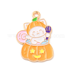 Halloween Theme Alloy Enamel Pendants, Light Gold, Cat Pattern, 25x16x1mm, Hole: 1.6mm