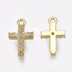 Circonita cúbica pequeños encantos de cruz, con fornituras de latón, Claro, real 18k chapado en oro, 11x6.5x2mm, agujero: 0.8 mm