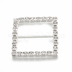 Hebillas de latón, con diamante de imitación, cuadrado, color plateado, cristal, 32x32x3.5mm, agujero: 25x12 mm
