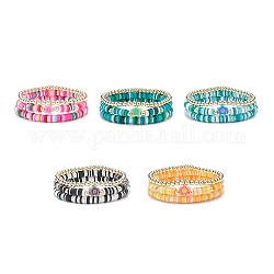 3pcs bracelets extensibles de surfeur heishi en argile polymère faits à la main sertis de perles de fleurs, bracelets preppy en perles d'hématite synthétique pour femmes, couleur mixte, diamètre intérieur: 2-1/4 pouce (5.8 cm)