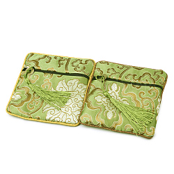Pochettes à glissière en tissu carré de style chinois, avec des glands de couleurs aléatoires et un motif de nuages de bon augure, vert clair, 12~13x12~13 cm