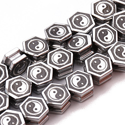 Feng Shui Electroplate Non-magnetic Synthetic Hematite Beads Strands, Hexagon with YinYang, Platinum Plated, 9x8x5mm, Hole: 2mm, about 50pcs/strand, 15.7 inch