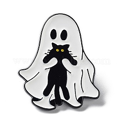 Ghost with Black Cat Alloy Enamel Brooch, Halloween Pins, White, 30.5x26x1.5mm