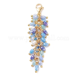 Decorazione del pendente di perle di vetro placcato a grappolo, con fermagli a moschettone in acciaio inossidabile color oro 304, blu royal, 58mm, ciondoli:50x14mm