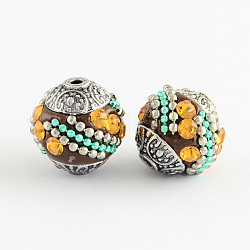 Perles Indonésiennes manuelles, avec strass topaze clair et noyaux en alliage, ronde, argent antique, brun coco, 14~16x14~16mm, Trou: 1.5mm