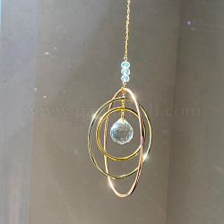 Glass Teardrop & Iron Ring Pendant Decorations, Hanging Suncatchers, for Home Garden Decorations, Golden, 300mm