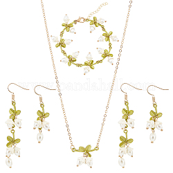 ANATTASOUL Plastic Pearl Beaded Flower of Life Dangle Earrings & Link Chain Bracelet & Pendant Necklace, Alloy Jewelry for Women, Yellow Green, 48~70mm, Pin: 0.6mm, 6-3/8 inch(16.3cm), 15 inch(38.2cm)