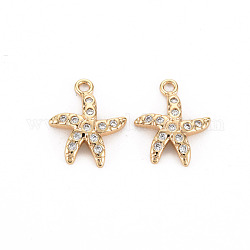 Brass Micro Pave Clear Cubic Zirconia Charms, Nickel Free, Starfish, Real 18K Gold Plated, 13x10.5x2mm, Hole: 1.2mm