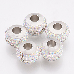 Polymer Clay Strass europäischen Perlen, Großloch perlen, mit Platin-Ton Messing Einzeladern, Rondell, Kristall ab, 13x10 mm, Bohrung: 4.5 mm