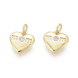 Golden Plated Brass Charms, with Cubic Zirconia and Jump Rings, Heart with Word Mom, for Mother's Day, Clear, 11x11x2mm, Hole: 2.5mm