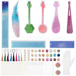 DIY Silicone Bookmark Molds Kit, Resin Casting Molds, with Polyester Tassel Decorations, Nail Art Sequins, UV Gel Nail Art Tinfoil, Handmade Polymer Clay Nail Art Decoration, Mixed Color, 102x32x4mm, Inner: 100x31mm, Hole: 2mm