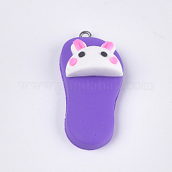 Handmade Polymer Clay Bunny Pendants, with Iron Findings, Slipper with Rabbit, Platinum, Mauve, 42~43x19~20x11~14mm, Hole: 1.5mm