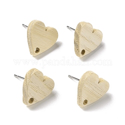 Ash Wood Stud Earring Findings, with 304 Stainless Steel Pin, Heart, 12x12mm, Hole: 1.8mm, Pin: 0.7mm