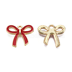 Light Gold Plated Alloy Pendants, with Enamel, Bowknot, Red, 16x18x2.5mm, Hole: 2mm