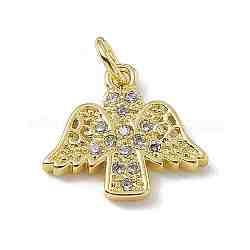 Brass Micro Pave Clear Cubic Zirconia Pendants, Angel Charms, with Open Jump Rings, Real 18K Gold Plated, 12.5x13.5x1.5mm, Hole: 2.7mm