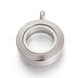 304 Stainless Steel Floating Locket Pendants, with Glass, Flat Round, Stainless Steel Color, 27x20x7mm, Hole: 4mm