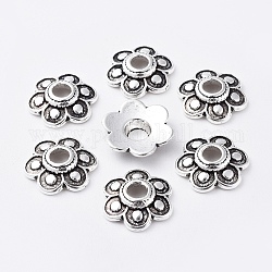 Tibetischen Stil Legierung Perlenkappen, Bleifrei und cadmium frei, Blume, Antik Silber Farbe, ca. 15 mm Durchmesser, 3 mm dick, Bohrung: 4 mm