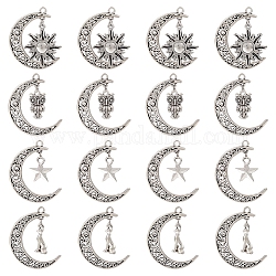 20 pz 4 ciondoli in lega di stile tibetano, ciondoli di luna vuota, forme misto, luna vuota: 41x30x2mm, Foro: 3 mm, 5pcs / style