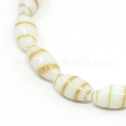 Handmade Swirl Gold Sand Lampwork Rice Beads Strands, White, 15x8mm, Hole: 1mm, about 20pcs/strand, 12 inch