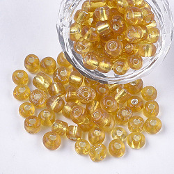 Abalorios de la semilla de cristal, plata forrada, redondo, vara de oro, 5~6x3~5mm, agujero: 1.2~2 mm, aproximamente 2500 unidades / bolsa