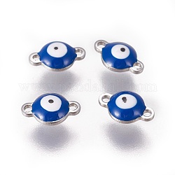 304 Stainless Steel Enamel Links connectors, Flat Round with Evil Eye, Stainless Steel Color, Marine Blue, 9.5x6x3.5mm, Hole: 1.2mm