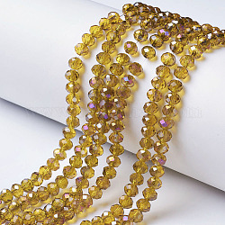 Electroplate Transparent Glass Beads Strands, Half Rainbow Plated, Faceted, Rondelle, Goldenrod, 8x6mm, Hole: 1mm, about 65~68pcs/strand, 15.7~16.1 inch(40~41cm)