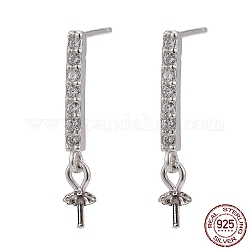 Accessoires pour boucles d'oreilles en argent sterling rhodié 925, avec zircons, pour la moitié de perles percées, rectangle, clair, platine, 20x2mm, broche: 0.5mm et 0.6mm