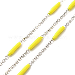 Chaînes à maillons de colonne d'émail, avec chaînes de câble en 304 acier inoxydable, non soudée, avec bobine, jaune, 14~17x2~3 mm et 1.5x2x0.5 mm, environ 32.81 pied (10 m)/rouleau