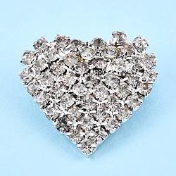 Spilla a cuore con strass di cristallo, distintivo in ottone creativo per i vestiti dello zaino, argento, 25.5x27x8.5mm, ago :0.6mm