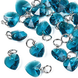 Faceted Transparent Glass Charms, with Iron Jump Ring, Heart, Dark Cyan, 13~14x10x5~6mm, Hole: 4mm