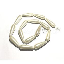 Cuentas de perlas de concha de electrochapa, lágrima, blanco cremoso, 26~29x8mm, agujero: 1~1.2 mm, aproximamente 14 pcs / cadena, 15.7 pulgada (40 cm)