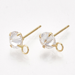 Brass Stud Earring Findings, with Cubic Zirconia and Loop, Clear, Real 18K Gold Plated, 10x6.5mm, Hole: 2mm, Pin: 0.8mm