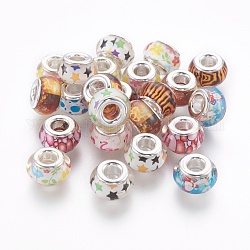 Harz europäischen Perlen, mit Messing-Kerne, Großloch perlen, Rondell, silberfarben plattiert, Mischfarbe, 13x8 mm, Bohrung: 4.8 mm