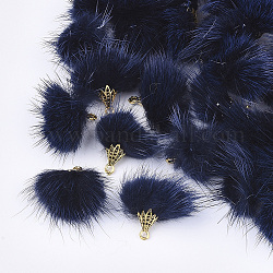 Decorazioni pendenti con nappine in pelliccia di visone sintetico, con accessori in lega, oro antico, blu di Prussia, 20~30x28~30mm, Foro: 1.8 mm