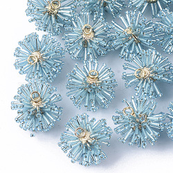Pendentifs de perles de rocaille en verre, avec les accessoires en laiton plaqués or, bleu ciel, 21~22.5x23~25.5x23~25.5mm, trou: 3 mm, anneau: 5x1 mm